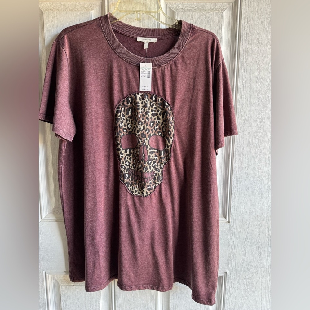 Maurices Maroon Tee with Leopard Print Skull Graphic